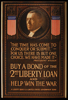 This poster which urges people to buy liberty bonds quotes President Wilson and depicts him between two draped American flags.