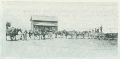 Jim's threshing crew in 1927.  Jim is seen standing on the wagon seat.

