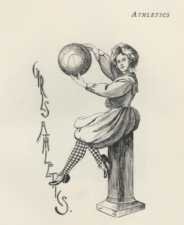 page 175 of the 1902 yearbook; black and white image of woman on pedistal, holding basketball; Girls Athletics written down left side, Athletics written in top right corner