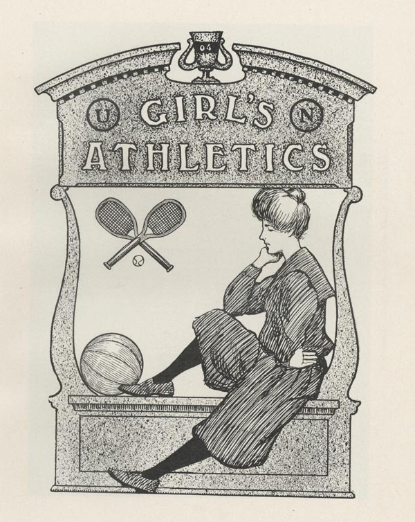 page 121 of 1904 yearbook; black and white image of woman seated on right side of bench; Girl's Athletics printed above her