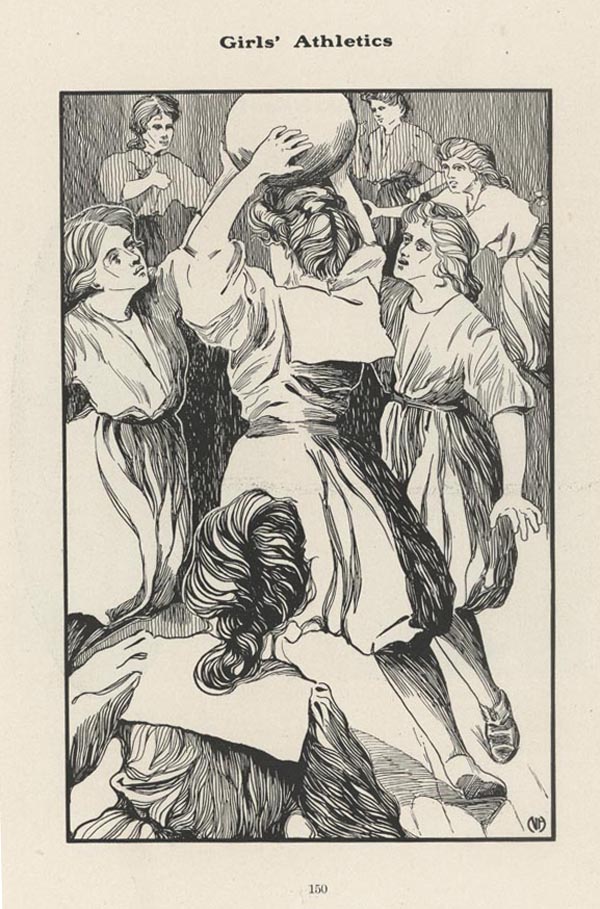 page 150 of 1906 yearbook; image of seven women playing basketball, woman in center is holding ball above her head