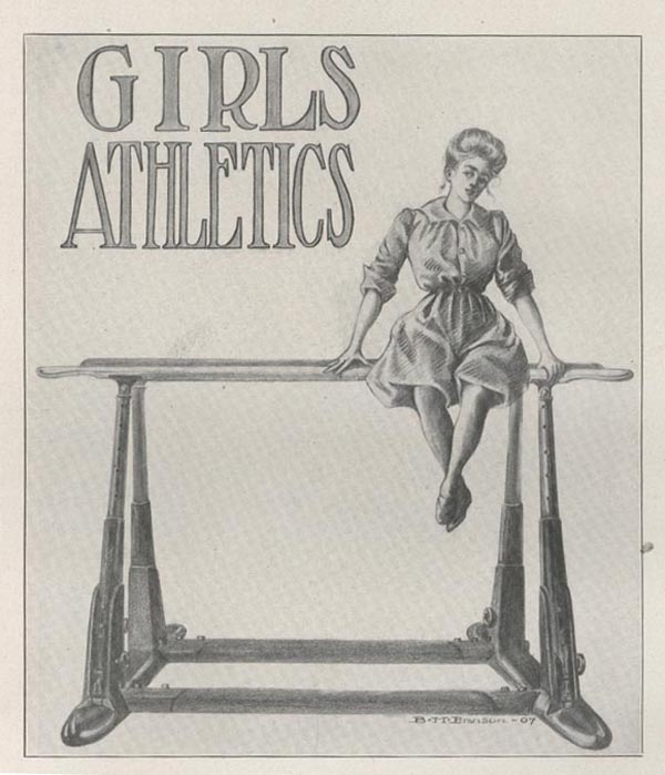 page 198 of 1907 yearbook; black and white image of woman seated on gymnastics bar, girls athletics written in upper left corner