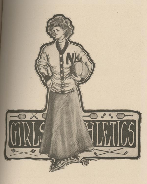 page 211 of 1908 yearbook; black and white image of woman in sweater and skirt holding basketball, partially blocking the words girls athletics