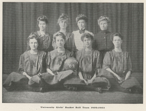 page 121 of 1904 yearbook; black and white photo of girls basketball team; eight women, six of which are in uniforms, basketball placed in the middle of four girls in front row
