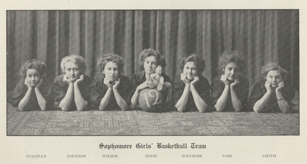 page 324 of 1910 yearbook; sophomore girls basketball team, seven women, laying on stomachs, heads resting in hands, basketball with doll on top in the middle