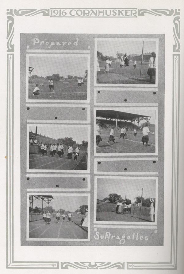page 196 of 1916 yearbook; black and white page image of six photographs; "prepared" is written in the upper left corner, and "sufragettes" is written in the lower left; border around page