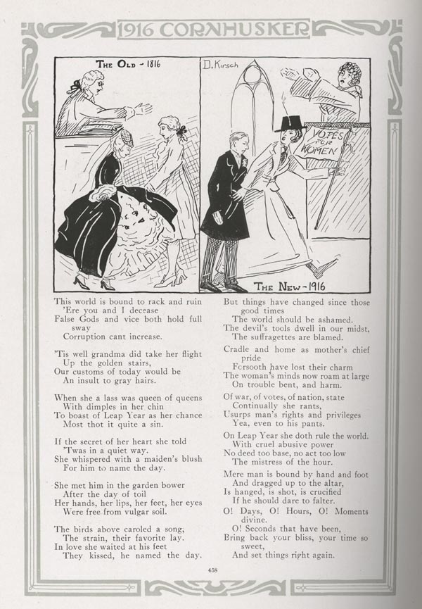 page 458 of 1916 yearbook; black and white page image; two drawings at top, two columns of poetry, border around page
