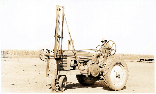 A photograph of a post hole digger made by Oscar Nelson of Geneva Nebraska.