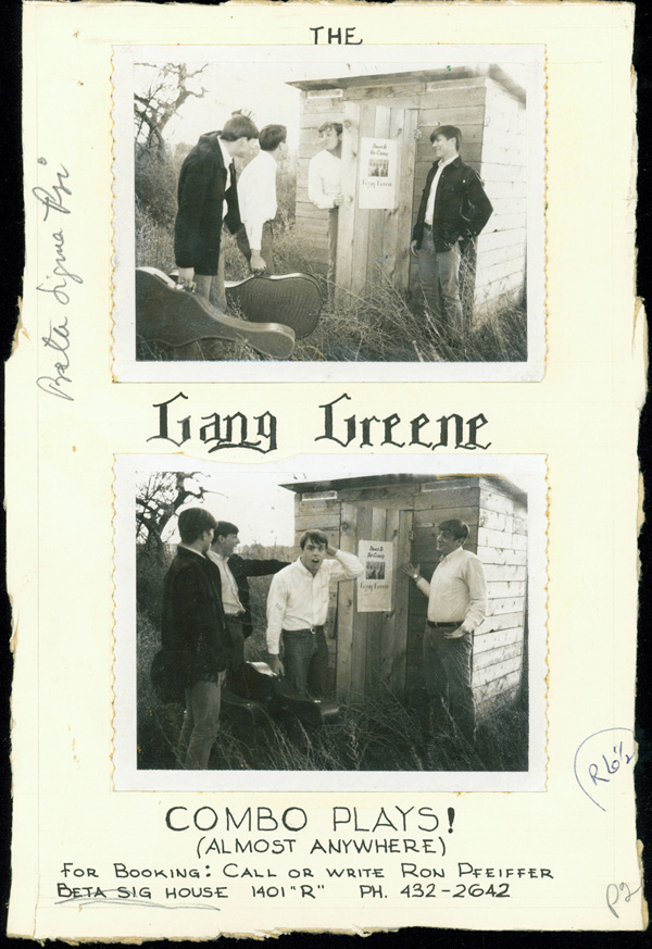 A promotional poster for a Gang Greene concert. All of the members of the band were members of Beta Sigma Psi ca. 1960.