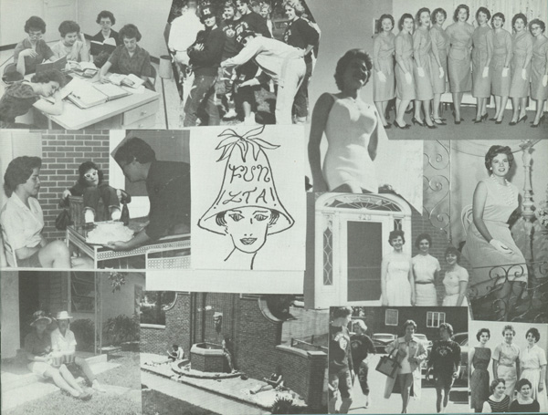 A collage of photos of Zeta Tau Alpha members ca. 1960.
