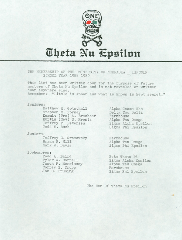 A list, found in the Office of Greek Affairs, of the 1988-89 roster of Theta Nu Epsilon.
