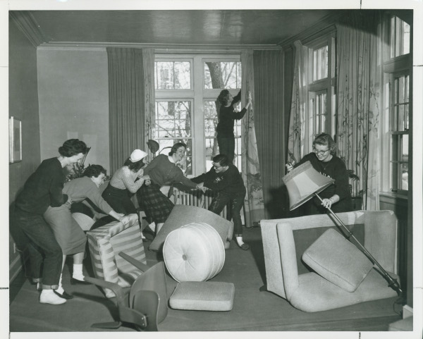 Members of Alpha Xi Delta during a 1950s freshman sneak (this is when the freshmen class trashes the house and the upper classmen have to clean it up). 