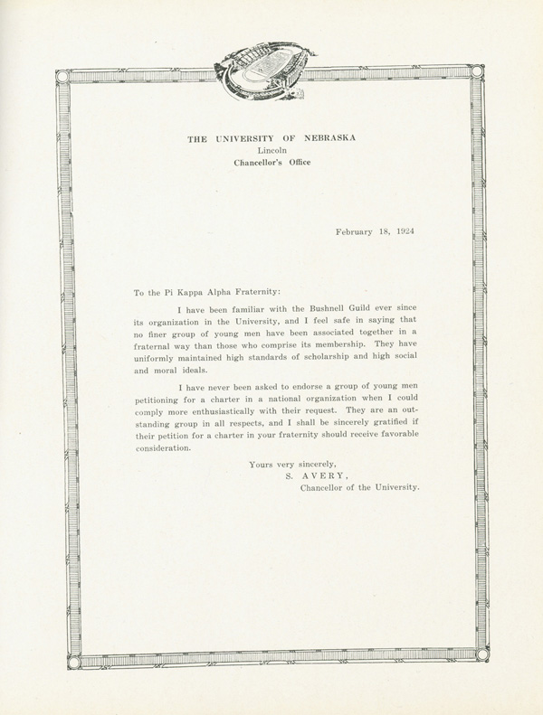 A letter from Chancellor Avery on behalf of the Bushnell Guild in their petition to become a chapter of Pi Kappa Alpha in 1924.