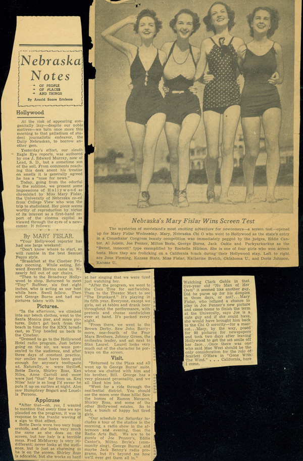 Clippings about Mary Fislar's (Chi Omega) Hollywood Screen Test movie role offers ca. 1930.