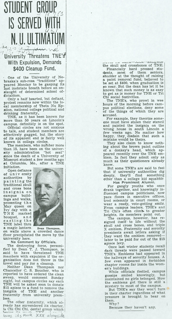 Clipping about Dean Thompson's struggles to suppress Theta Nu Epsilon from 1940.