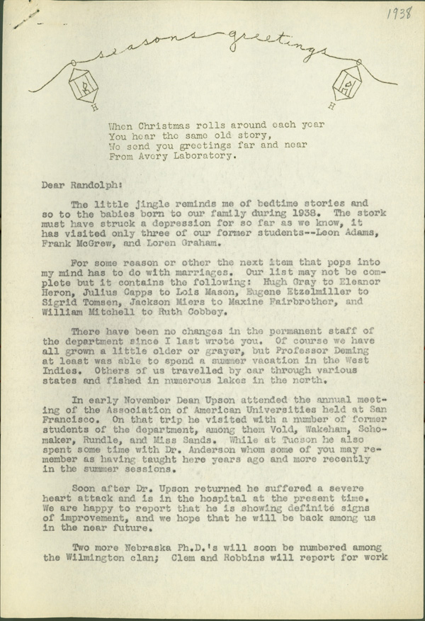 Page 1 of a Christmas newsletter from C.S. Hamilton addressed to Randolph, with mentions of nieces &  nephews.  DOI: 2823
