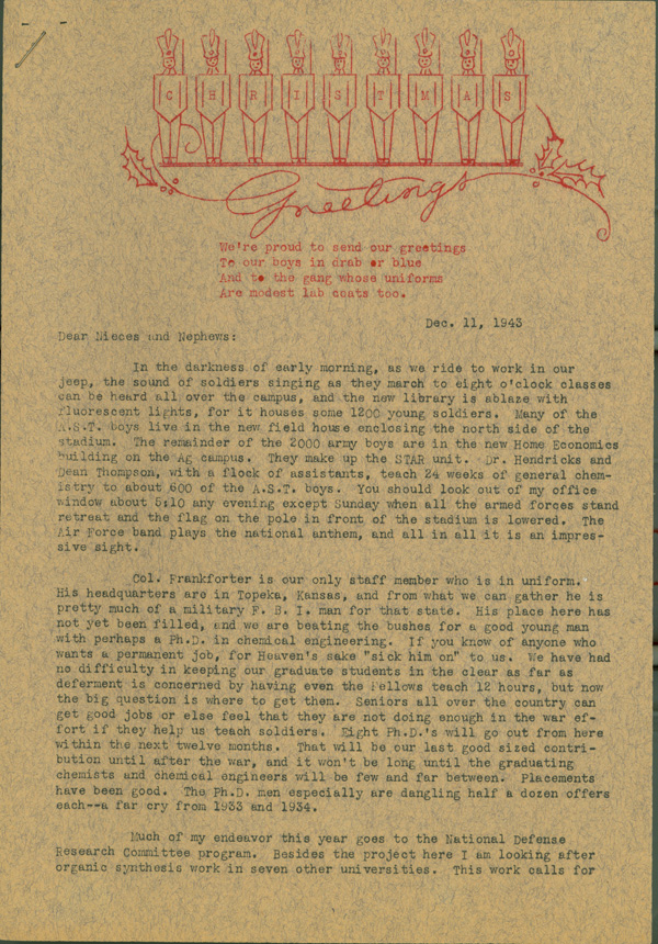 Page 1 of typewritten Christmas newsletter from C.S. Hamilton to alumni.  DOI: 2843