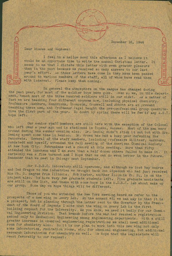 Side 1 of typewritten Christmas newsletter from C.S. Hamilton to alumni.  DOI: 2845