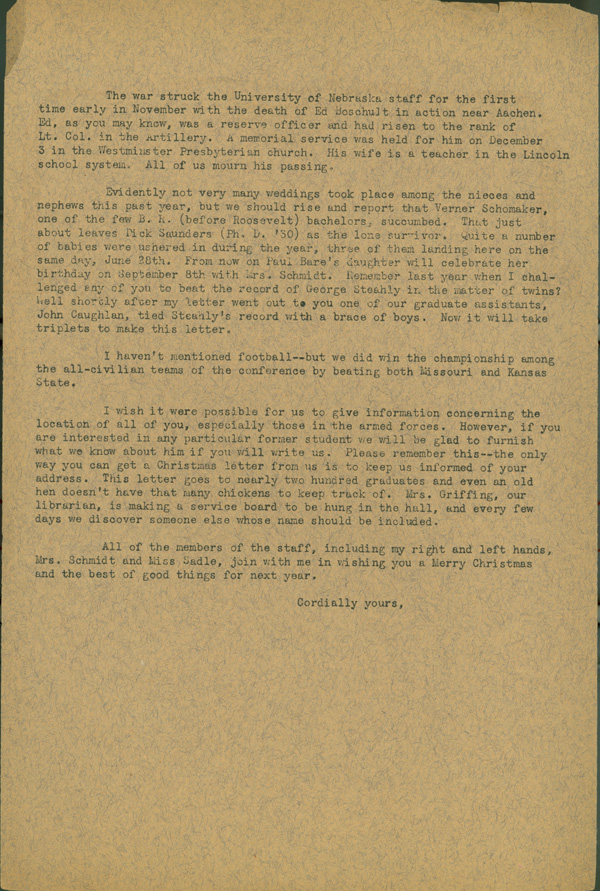 Side 2 of typewritten Christmas newsletter from C.S. Hamilton to alumni.  DOI: 2846