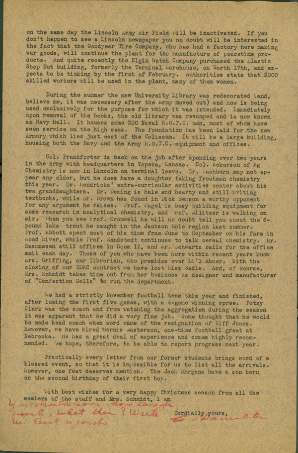 Side 2 of typewritten Christmas newsletter from C.S. Hamilton to alumni.  DOI: 2848