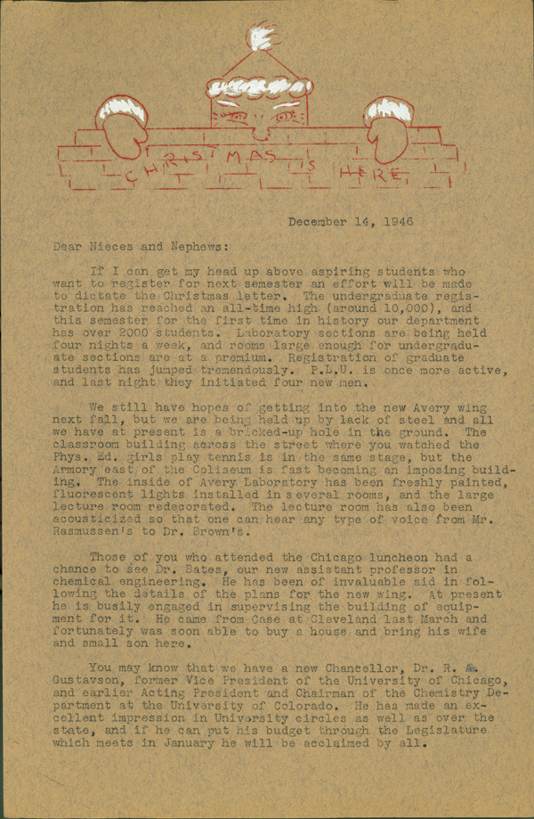 Side 1 of typewritten Christmas newsletter from C.S. Hamilton to alumni.  DOI: 2849
