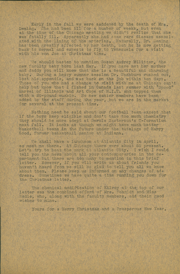 Side 2 of typewritten Christmas newsletter from C.S. Hamilton to alumni.  DOI: 2850