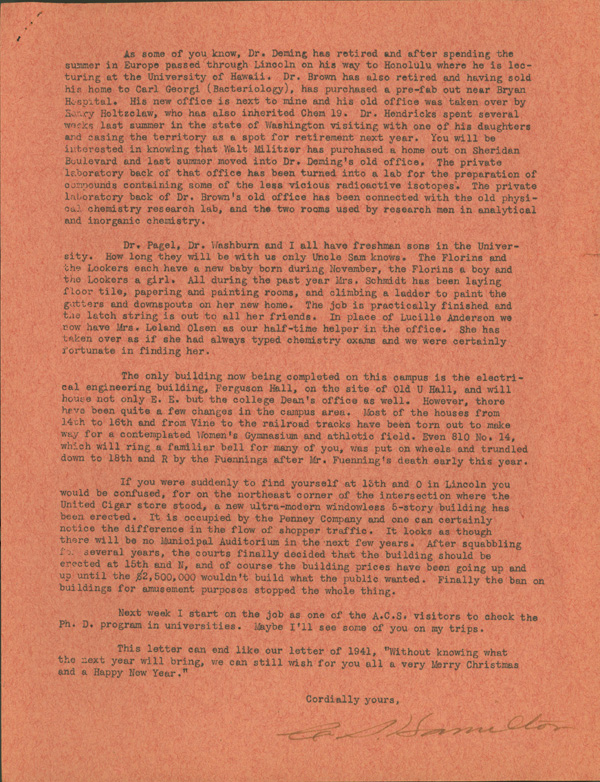 Page 2 of typewritten Christmas newsletter from C.S. Hamilton to alumni.  DOI: 2856