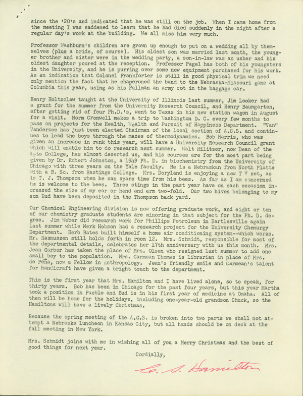 Page 2 of typewritten Christmas newsletter from C.S. Hamilton to alumni.  DOI: 2862