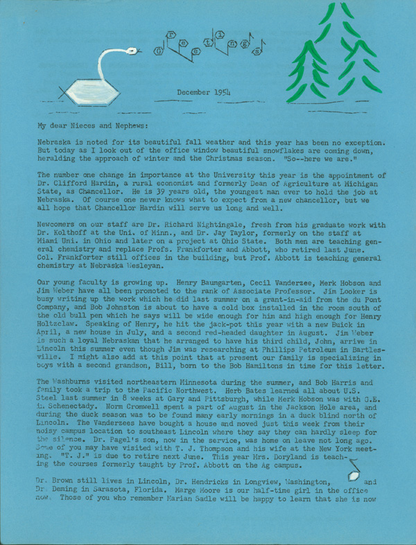 Side 1 of typewritten Christmas newsletter from C.S. Hamilton to alumni.  DOI: 2863