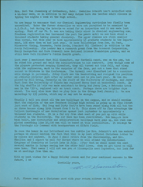 Side 2 of typewritten Christmas newsletter from C.S. Hamilton to alumni.  DOI: 2864