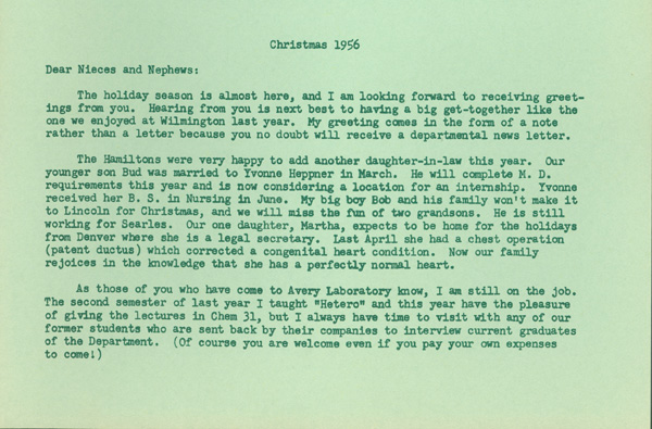 Side 1 of typewritten Christmas newsletter from C.S. Hamilton to alumni.  DOI: 2867