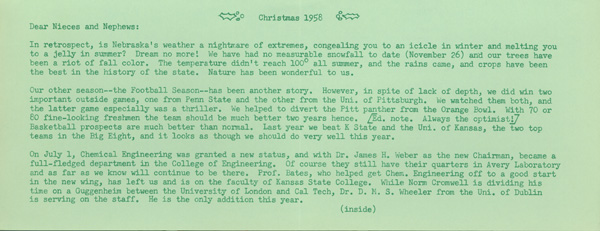 Side 1b of typewritten Christmas newsletter from C.S. Hamilton to alumni.  DOI: 2870