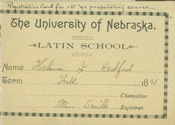 Registration card for 1st yr. preparatory course of Helena I. Redford. It also exhibits Miss Smith's handwriting and signature.