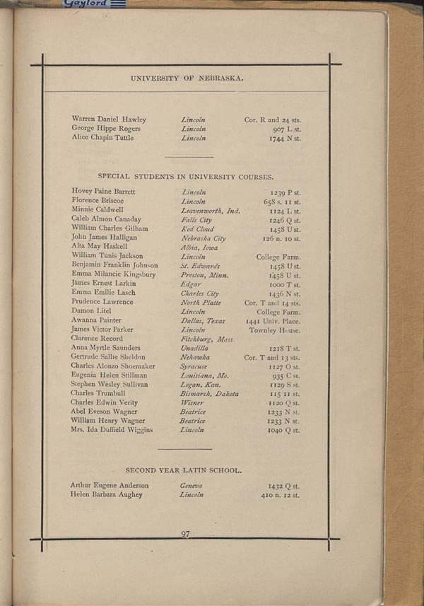 A list of the students in the Latin School from the 1883-84 Sombrero beginning towards the bottom of the page.