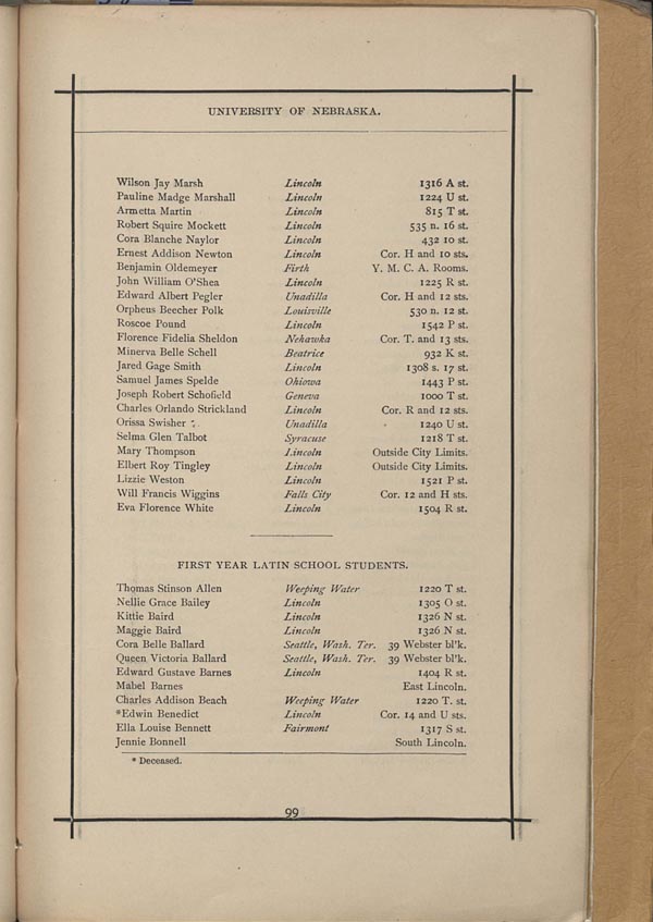 A list of the students of the second year in the Latin School finished and the beginning of the list of the first year students from the 1883-84 Sombrero.