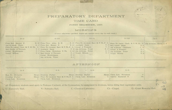 A preparatory department time card for the fall semester of 1895, listing all the available classes with meeting times and days.