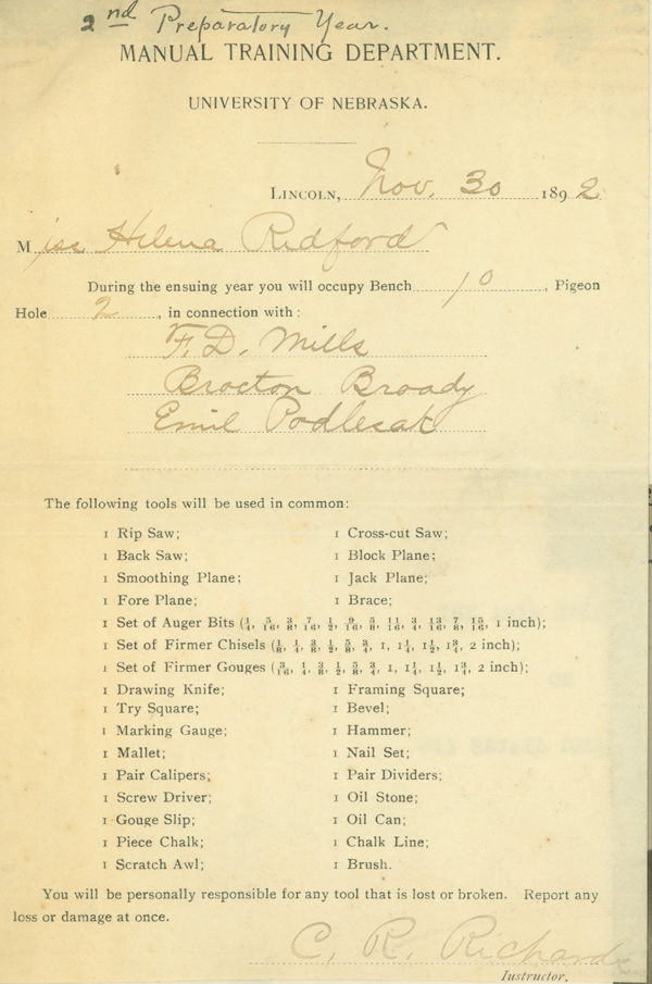 A manual training department document from November 30, 1892 for Helena Redford in her second year at the Latin School. It shows her bench and area assigned in one of her classes.