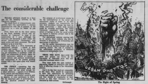 A Daily Nebraskan article from April 17, 1969, c. 1969.