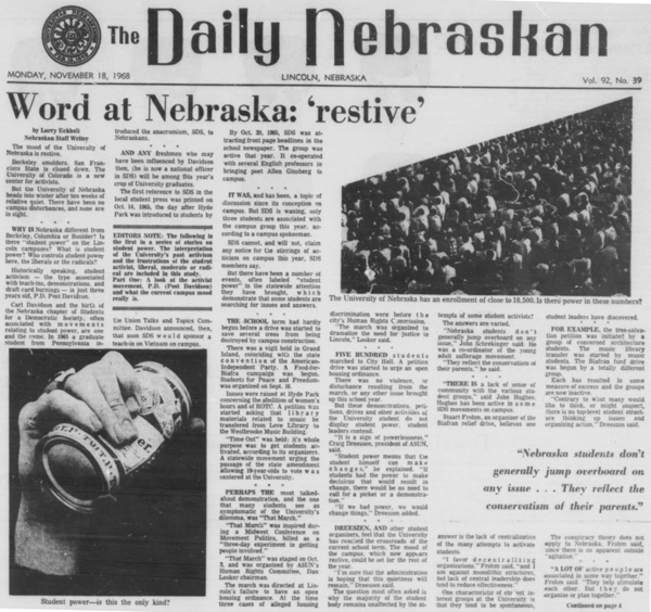 A Daily Nebraskan article from November 6, 1968, c. 1968.
