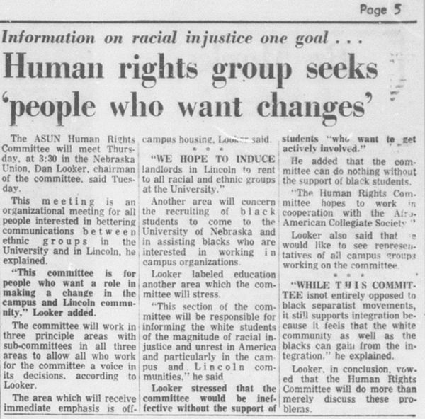 A September 18, 1968 article in the Daily Nebraskan, c. 1968.