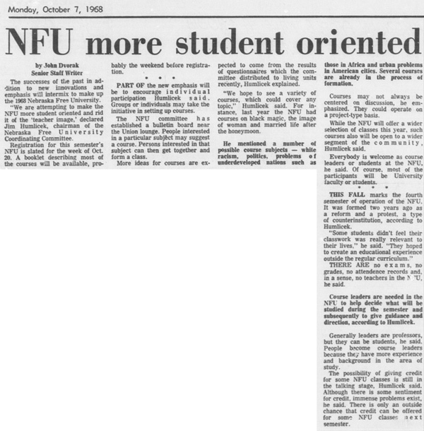 An October 7, 1968 article in the Daily Nebraskan, c. 1968.