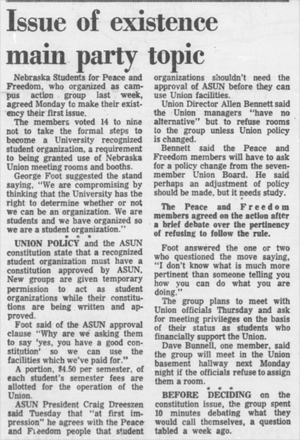 A September 24, 1968 article in the Daily Nebraskan, c. 1968.