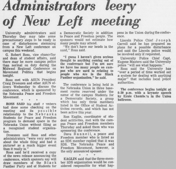 A September 27, 1968 article in the Daily Nebraskan, c. 1968.
