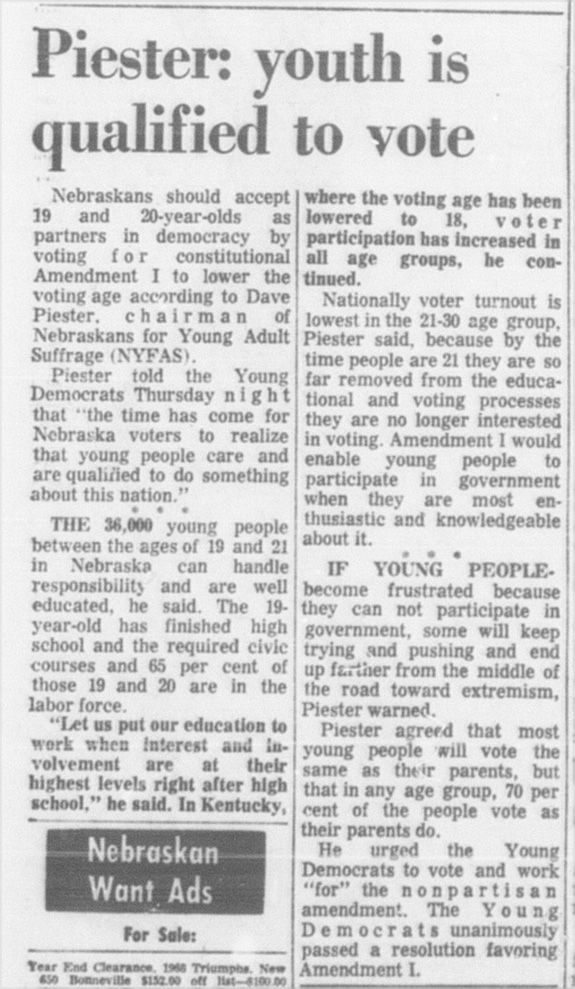 An October 18, 1968 article in the Daily Nebraskan, c. 1968.