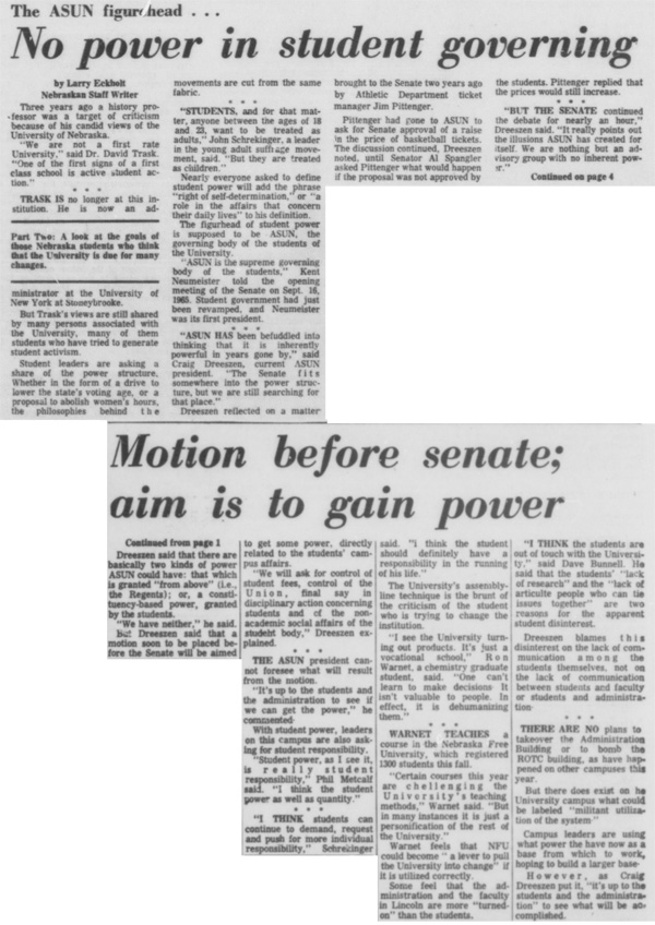 A Daily Nebraskan article from November 20, 1968, c. 1968.