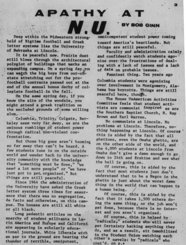 An article from December 9, 1968 issue of the Buffalo Chip, c. 1968.